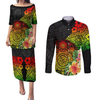 Polynesia Victory Day Couples Matching Puletasi and Long Sleeve Button Shirt Tribal Turtle and Hibiscus LT03 Reggae - Polynesian Pride