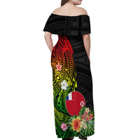 Wallis and Futuna Victory Day Off Shoulder Maxi Dress Tribal Polynesian Tattoo and Hibiscus Flower LT03 - Polynesian Pride