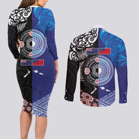 Samoa and Aotearoa Together Couples Matching Long Sleeve Bodycon Dress and Long Sleeve Button Shirt Tatau Art Tattoos-Taniko and Maori with Fern