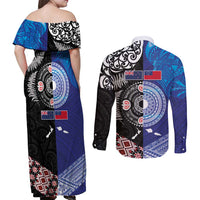 Samoa and Aotearoa Together Couples Matching Off Shoulder Maxi Dress and Long Sleeve Button Shirt Tatau Art Tattoos-Taniko and Maori with Fern
