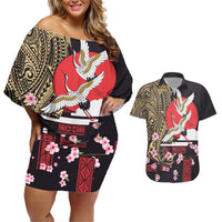 Japanese Culture and Hawaiian Tribal Couples Matching Off Shoulder Short Dress and Hawaiian Shirt Sakura Blossom Tapa Pattern