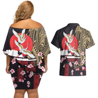 Japanese Culture and Hawaiian Tribal Couples Matching Off Shoulder Short Dress and Hawaiian Shirt Sakura Blossom Tapa Pattern LT03 - Polynesian Pride