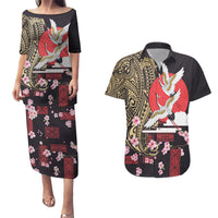 Japanese Culture and Hawaiian Tribal Couples Matching Puletasi and Hawaiian Shirt Sakura Blossom Tapa Pattern