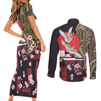 Japanese Culture and Hawaiian Tribal Couples Matching Short Sleeve Bodycon Dress and Long Sleeve Button Shirt Sakura Blossom Tapa Pattern
