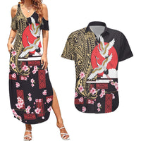 Japanese Culture and Hawaiian Tribal Couples Matching Summer Maxi Dress and Hawaiian Shirt Sakura Blossom Tapa Pattern LT03 Black - Polynesian Pride