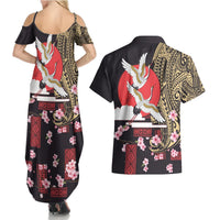 Japanese Culture and Hawaiian Tribal Couples Matching Summer Maxi Dress and Hawaiian Shirt Sakura Blossom Tapa Pattern LT03 - Polynesian Pride