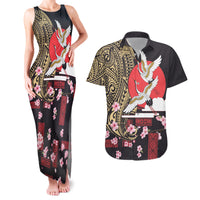 Japanese Culture and Hawaiian Tribal Couples Matching Tank Maxi Dress and Hawaiian Shirt Sakura Blossom Tapa Pattern