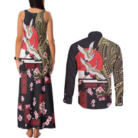 Japanese Culture and Hawaiian Tribal Couples Matching Tank Maxi Dress and Long Sleeve Button Shirt Sakura Blossom Tapa Pattern