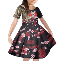 Japanese Culture and Hawaiian Tribal Kid Short Sleeve Dress Sakura Blossom Tapa Pattern