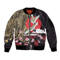Japanese Culture and Hawaiian Tribal Sleeve Zip Bomber Jacket Sakura Blossom Tapa Pattern
