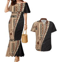Samoa Siapo Motif Half Style Couples Matching Mermaid Dress and Hawaiian Shirt Brown Version LT03 Brown - Polynesian Pride