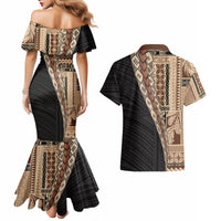Samoa Siapo Motif Half Style Couples Matching Mermaid Dress and Hawaiian Shirt Brown Version LT03 - Polynesian Pride