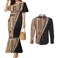 Samoa Siapo Motif Half Style Couples Matching Mermaid Dress and Long Sleeve Button Shirt Brown Version LT03 Brown - Polynesian Pride
