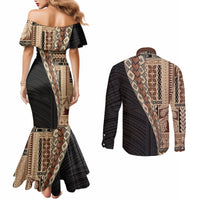 Samoa Siapo Motif Half Style Couples Matching Mermaid Dress and Long Sleeve Button Shirt Brown Version LT03 - Polynesian Pride