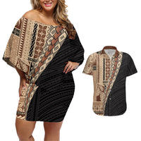 Samoa Siapo Motif Half Style Couples Matching Off Shoulder Short Dress and Hawaiian Shirt Brown Version LT03 Brown - Polynesian Pride