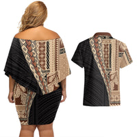 Samoa Siapo Motif Half Style Couples Matching Off Shoulder Short Dress and Hawaiian Shirt Brown Version LT03 - Polynesian Pride