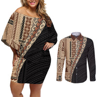 Samoa Siapo Motif Half Style Couples Matching Off Shoulder Short Dress and Long Sleeve Button Shirt Brown Version LT03 Brown - Polynesian Pride