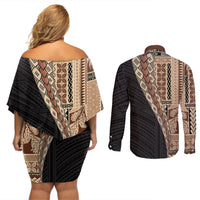 Samoa Siapo Motif Half Style Couples Matching Off Shoulder Short Dress and Long Sleeve Button Shirt Brown Version LT03 - Polynesian Pride