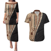 Samoa Siapo Motif Half Style Couples Matching Puletasi and Hawaiian Shirt Brown Version LT03 Brown - Polynesian Pride