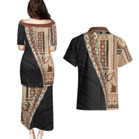 Samoa Siapo Motif Half Style Couples Matching Puletasi and Hawaiian Shirt Brown Version LT03 - Polynesian Pride