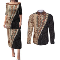 Samoa Siapo Motif Half Style Couples Matching Puletasi and Long Sleeve Button Shirt Brown Version LT03 Brown - Polynesian Pride