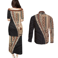 Samoa Siapo Motif Half Style Couples Matching Puletasi and Long Sleeve Button Shirt Brown Version