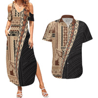Samoa Siapo Motif Half Style Couples Matching Summer Maxi Dress and Hawaiian Shirt Brown Version LT03 Brown - Polynesian Pride