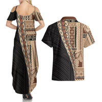 Samoa Siapo Motif Half Style Couples Matching Summer Maxi Dress and Hawaiian Shirt Brown Version LT03 - Polynesian Pride
