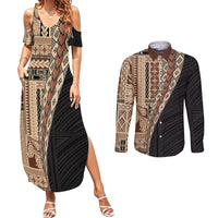 Samoa Siapo Motif Half Style Couples Matching Summer Maxi Dress and Long Sleeve Button Shirt Brown Version LT03 Brown - Polynesian Pride
