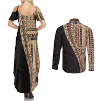 Samoa Siapo Motif Half Style Couples Matching Summer Maxi Dress and Long Sleeve Button Shirt Brown Version LT03 - Polynesian Pride
