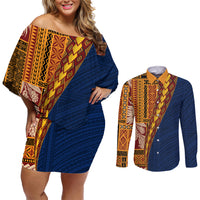 Samoa Siapo Motif Half Style Couples Matching Off Shoulder Short Dress and Long Sleeve Button Shirt Colorful Version LT03 Yellow - Polynesian Pride
