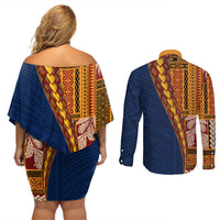 Samoa Siapo Motif Half Style Couples Matching Off Shoulder Short Dress and Long Sleeve Button Shirt Colorful Version LT03 - Polynesian Pride