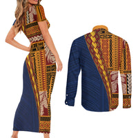 Samoa Siapo Motif Half Style Couples Matching Short Sleeve Bodycon Dress and Long Sleeve Button Shirt Colorful Version