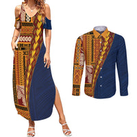 Samoa Siapo Motif Half Style Couples Matching Summer Maxi Dress and Long Sleeve Button Shirt Colorful Version LT03 Yellow - Polynesian Pride