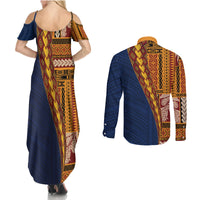 Samoa Siapo Motif Half Style Couples Matching Summer Maxi Dress and Long Sleeve Button Shirt Colorful Version LT03 - Polynesian Pride