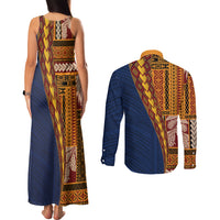 Samoa Siapo Motif Half Style Couples Matching Tank Maxi Dress and Long Sleeve Button Shirt Colorful Version