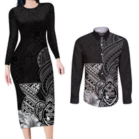 Guam Latte Stone Chamorro Culture Couples Matching Long Sleeve Bodycon Dress and Long Sleeve Button Shirt Tapa Pattern LT03 Black - Polynesian Pride