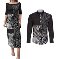 Guam Latte Stone Chamorro Culture Couples Matching Puletasi and Long Sleeve Button Shirt Tapa Pattern LT03 Black - Polynesian Pride