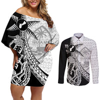 Guam Fish Hook and Palm Tree Couples Matching Off Shoulder Short Dress and Long Sleeve Button Shirt Polynesian Pattern Half Style LT03 White - Polynesian Pride