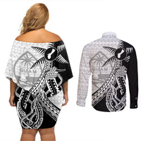 Guam Fish Hook and Palm Tree Couples Matching Off Shoulder Short Dress and Long Sleeve Button Shirt Polynesian Pattern Half Style LT03 - Polynesian Pride