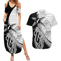 Guam Fish Hook and Palm Tree Couples Matching Summer Maxi Dress and Hawaiian Shirt Polynesian Pattern Half Style LT03 White - Polynesian Pride
