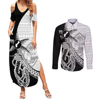 Guam Fish Hook and Palm Tree Couples Matching Summer Maxi Dress and Long Sleeve Button Shirt Polynesian Pattern Half Style LT03 White - Polynesian Pride