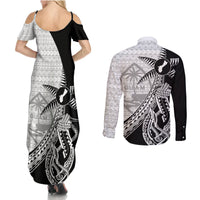 Guam Fish Hook and Palm Tree Couples Matching Summer Maxi Dress and Long Sleeve Button Shirt Polynesian Pattern Half Style LT03 - Polynesian Pride