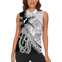 Guam Fish Hook and Palm Tree Women Sleeveless Polo Shirt Polynesian Pattern Half Style
