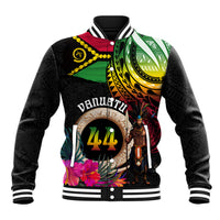 Personalised Vanuatu 44th Anniversary Baseball Jacket Boars Tusk and Melanesian Warrior Indipendens Dei LT03 Unisex Black - Polynesian Pride
