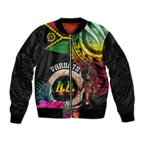 Personalised Vanuatu 44th Anniversary Bomber Jacket Boars Tusk and Melanesian Warrior Indipendens Dei