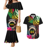 Personalised Vanuatu 44th Anniversary Couples Matching Mermaid Dress and Hawaiian Shirt Boars Tusk and Melanesian Warrior Indipendens Dei LT03 Black - Polynesian Pride