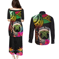 Personalised Vanuatu 44th Anniversary Couples Matching Puletasi and Long Sleeve Button Shirt Boars Tusk and Melanesian Warrior Indipendens Dei LT03 - Polynesian Pride