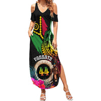 Personalised Vanuatu 44th Anniversary Summer Maxi Dress Boars Tusk and Melanesian Warrior Indipendens Dei LT03 Women Black - Polynesian Pride