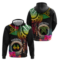 Personalised Vanuatu 44th Anniversary Zip Hoodie Boars Tusk and Melanesian Warrior Indipendens Dei